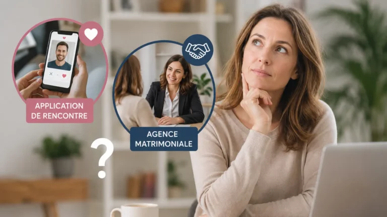 Agence matrimoniale ou application de rencontre : une femme compare les deux solutions pour trouver une relation sérieuse.