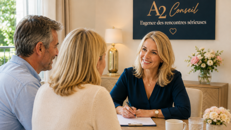 Conseillère A2 Conseil accompagnant un couple lors d'un entretien en agence matrimoniale